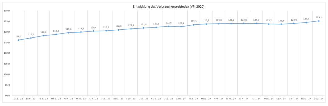 Die Grafik zeigt die Entwicklung des Verbraucherpreisindex (VPI 2020) für den Zeitraum von Dezember 2022 bis Dezember 2024.