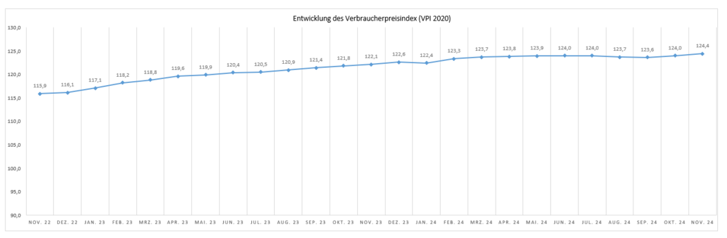 Die Grafik zeigt die Entwicklung des Verbraucherpreisindex (VPI 2020) für den Zeitraum von November 2022 bis November 2024.